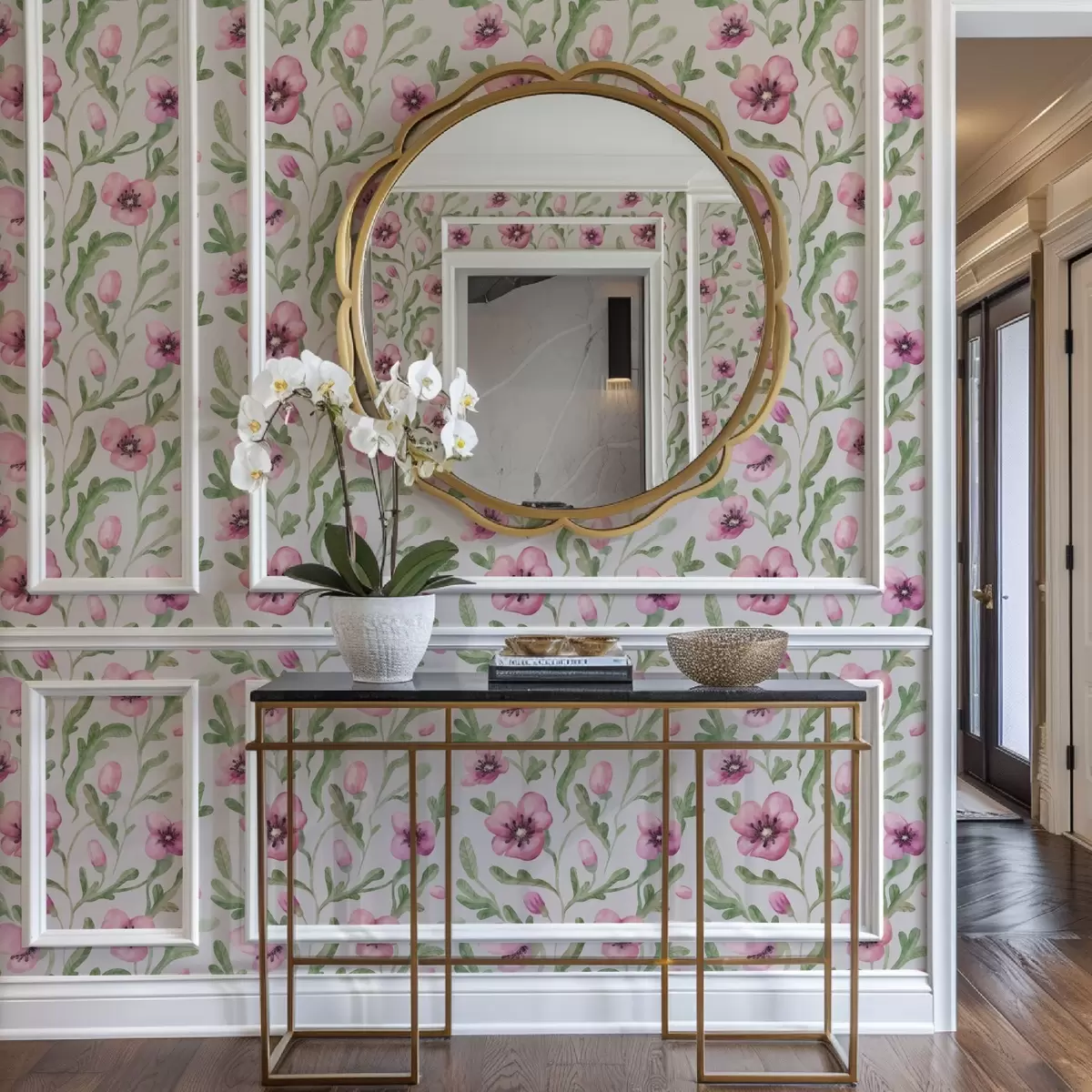 Bakgrund Delikata rosa vallmor med blad i akvarellteknik a00830