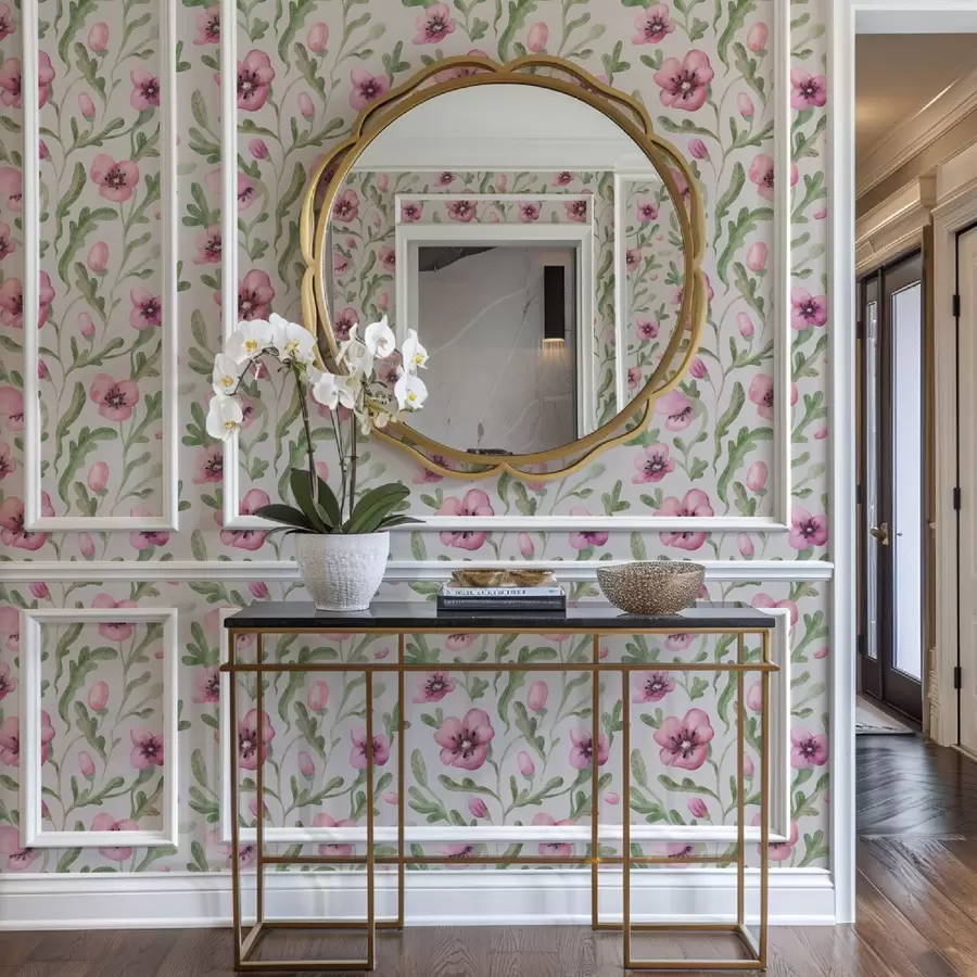 Fototapet Delikata rosa vallmor med blad i akvarellteknik a00830