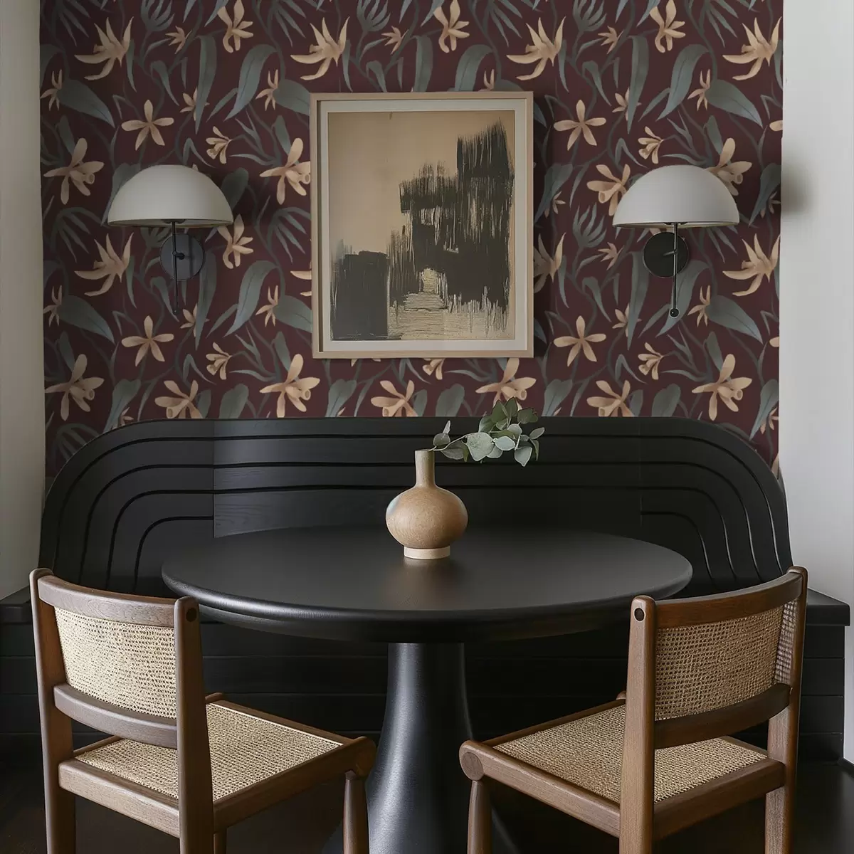 Bakgrund Krämfärgade blommor med grå blad på vinröd bakgrund a00833