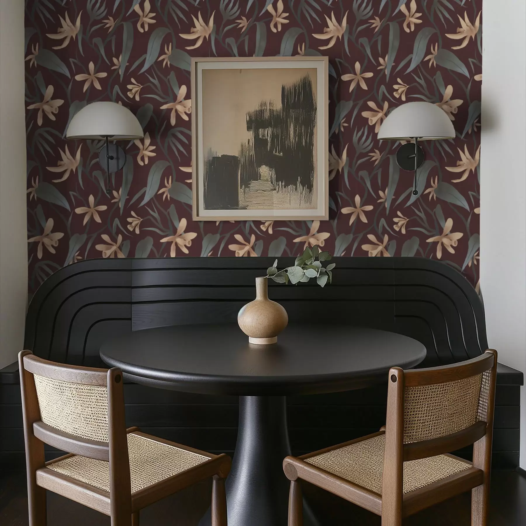 Fototapet Krämfärgade blommor med grå blad på vinröd bakgrund a00833