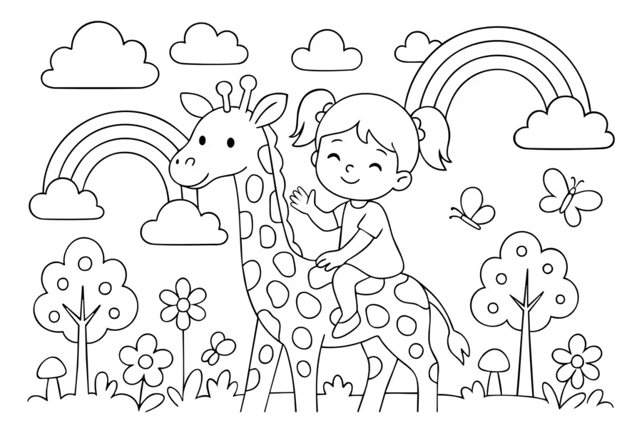 Fototapet svartvit teckning av en flicka på en giraff i stil med en målarbok för barn w04753