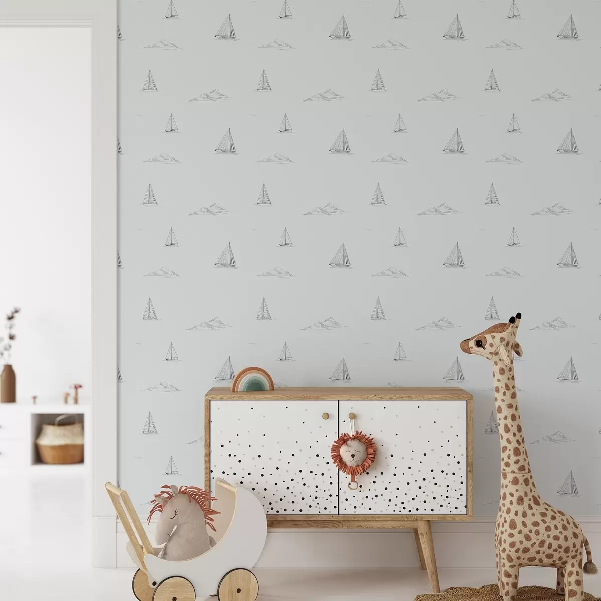 Bakgrund Skissa på yachter och öar, sval blågrå bakgrund a00654