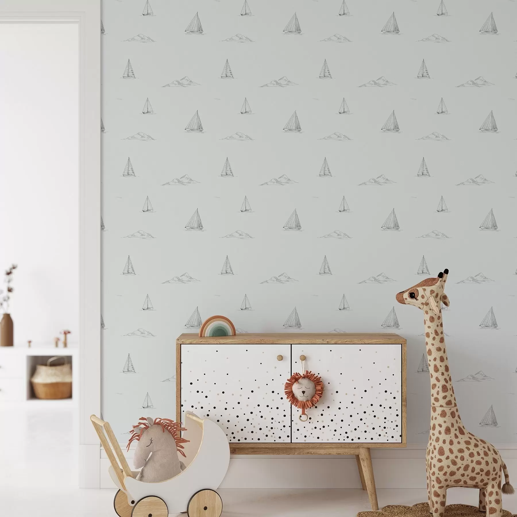 Fototapet Skissa på yachter och öar, sval blågrå bakgrund a00654