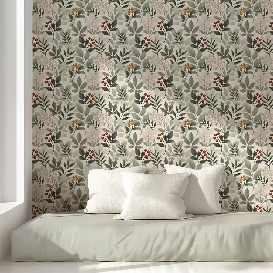 Fototapet Löv med bär, ljus bakgrund a00713