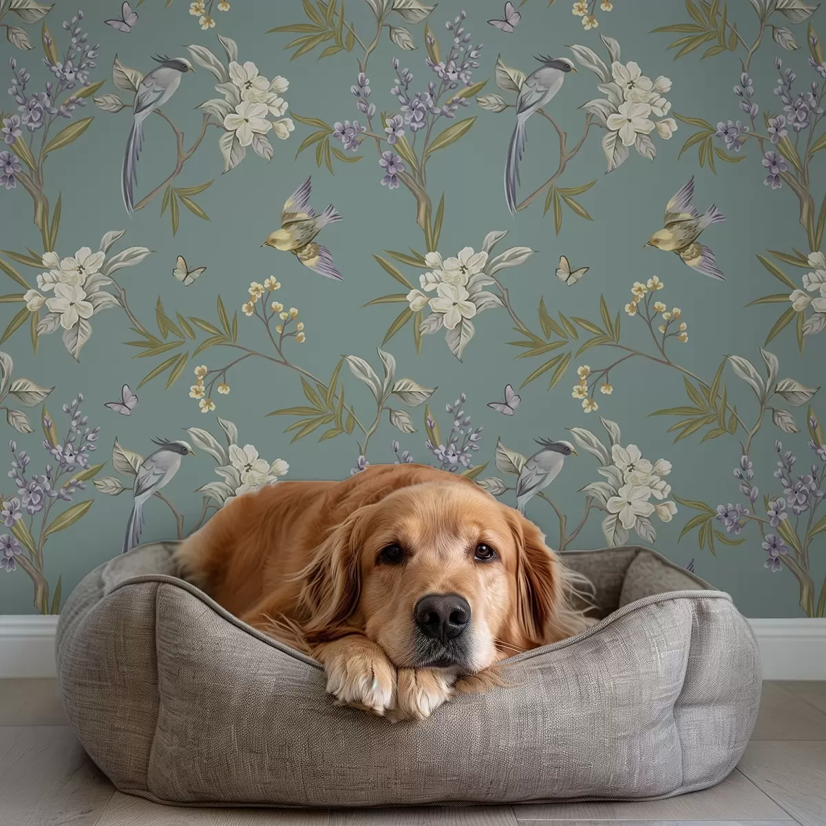 Bakgrund Fåglar, blommor och fjärilar på en blågrå bakgrund a00735