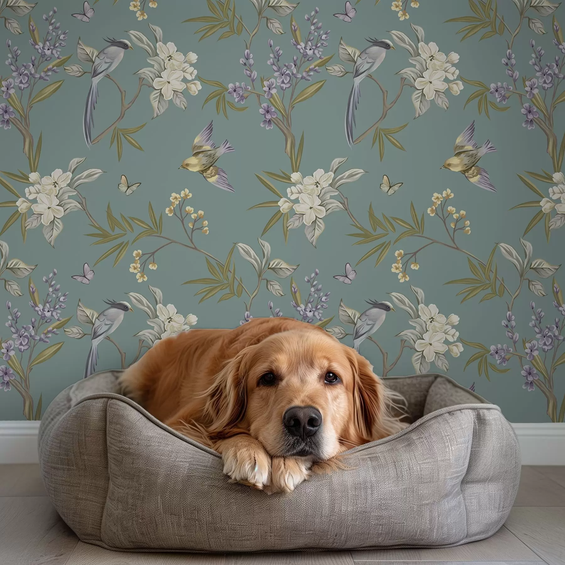 Fototapet Fåglar, blommor och fjärilar på en blågrå bakgrund a00735