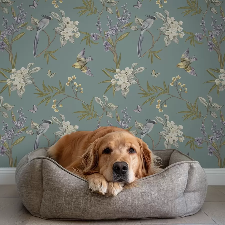 Fototapet Fåglar, blommor och fjärilar på en blågrå bakgrund a00735