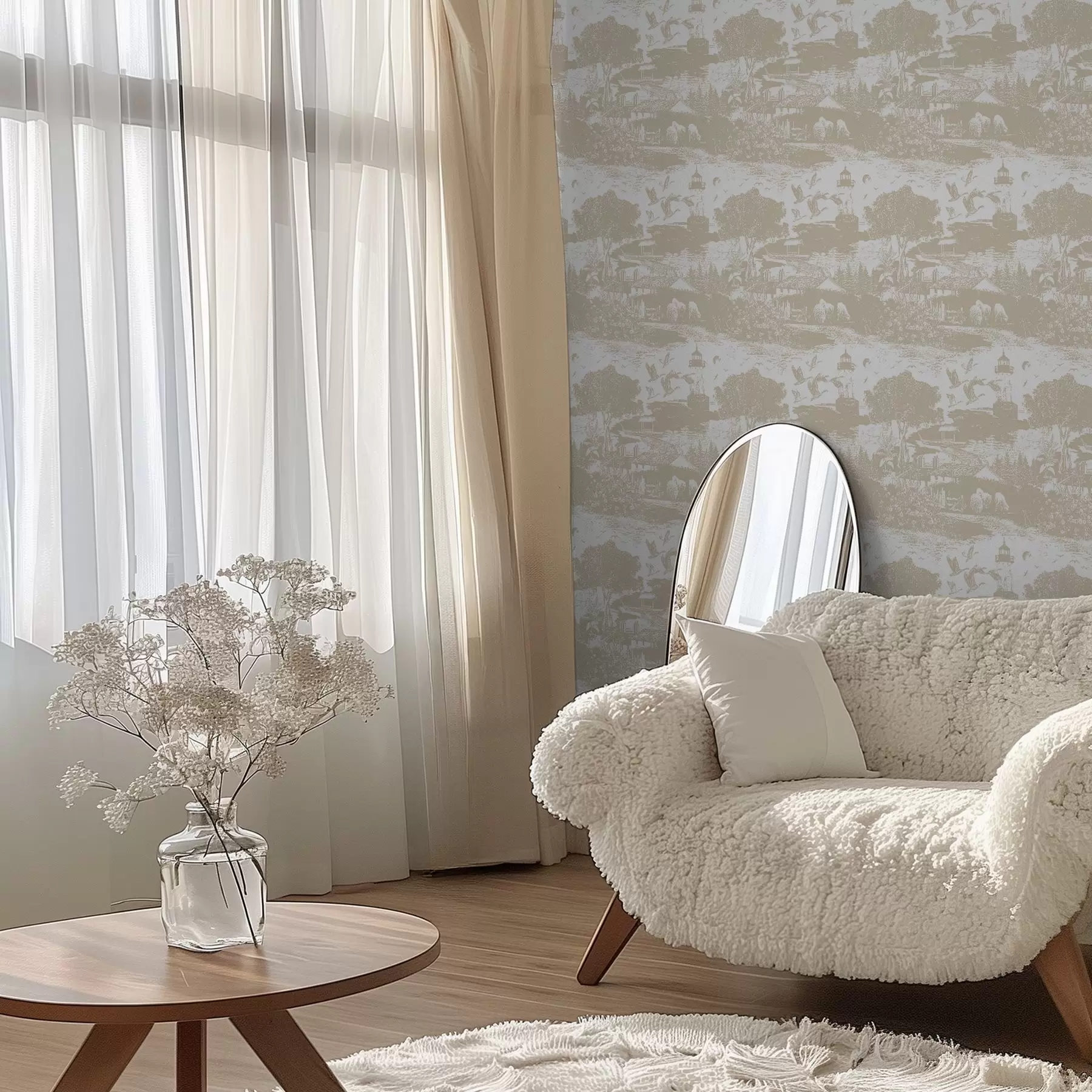 Fototapet Scene med fyr, träd och hus i sienna a00739