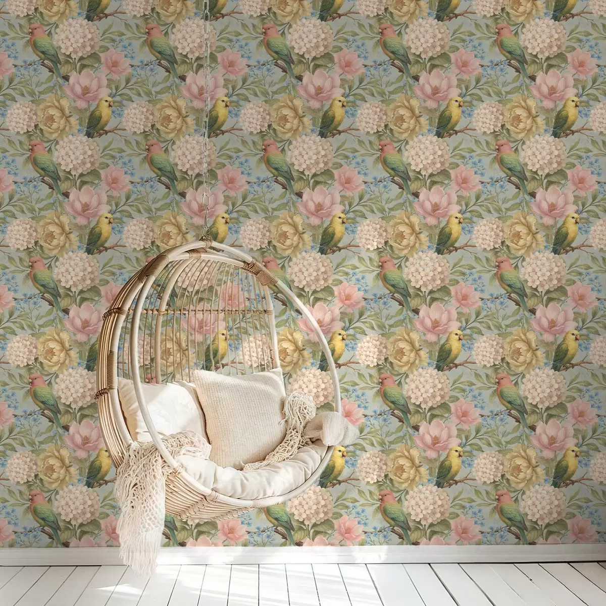 Bakgrund Papegojor bland pioner, hortensior och magnolior a00747