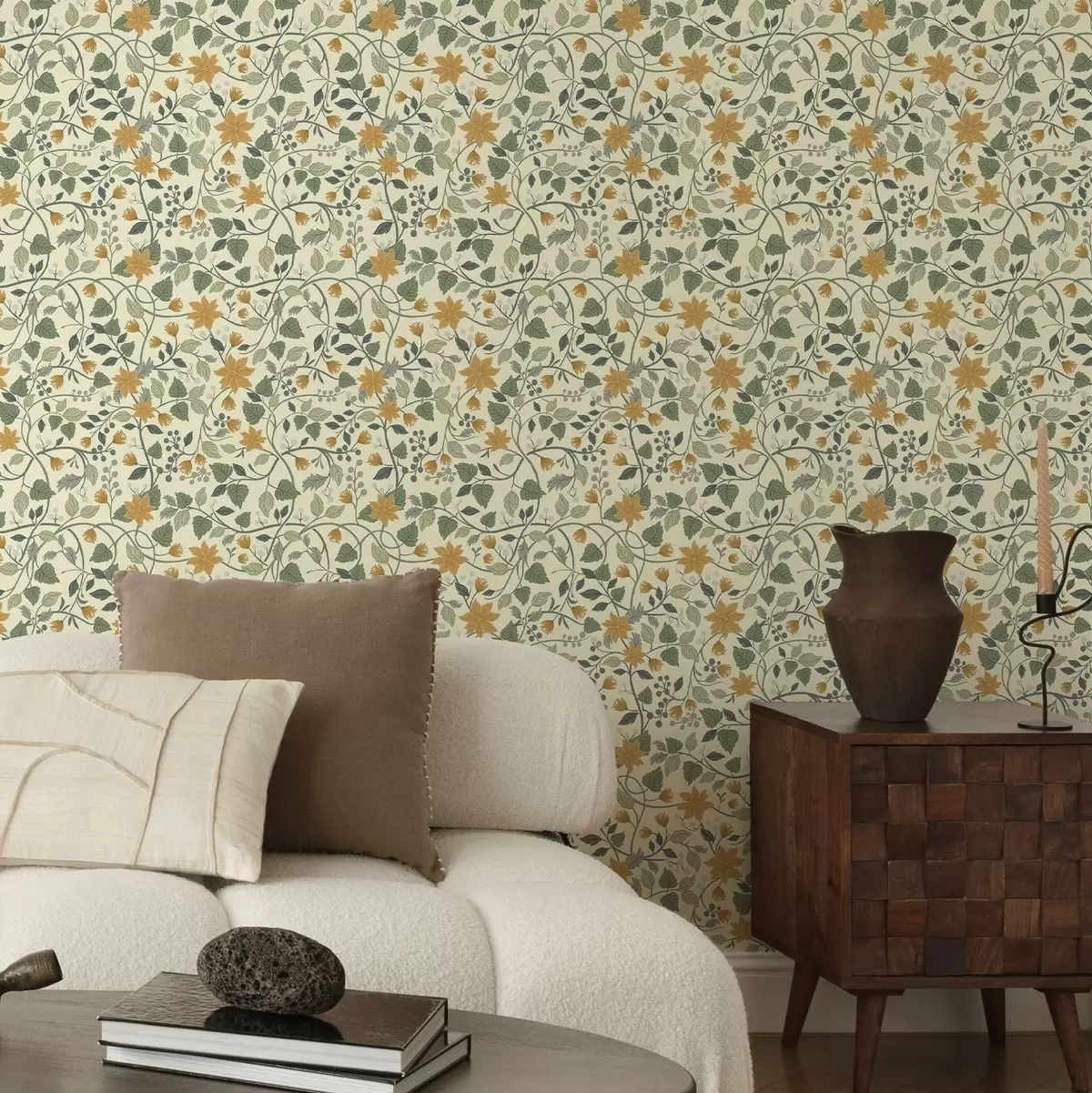 Bakgrund Klättrande blommiga grenar med gula blommor och bär a00750