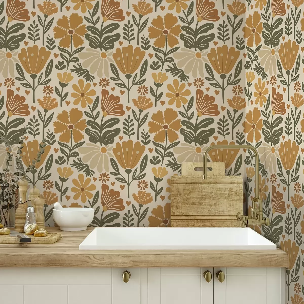 Bakgrund Stiliserade blommor i varma toner med hjärtan a00752