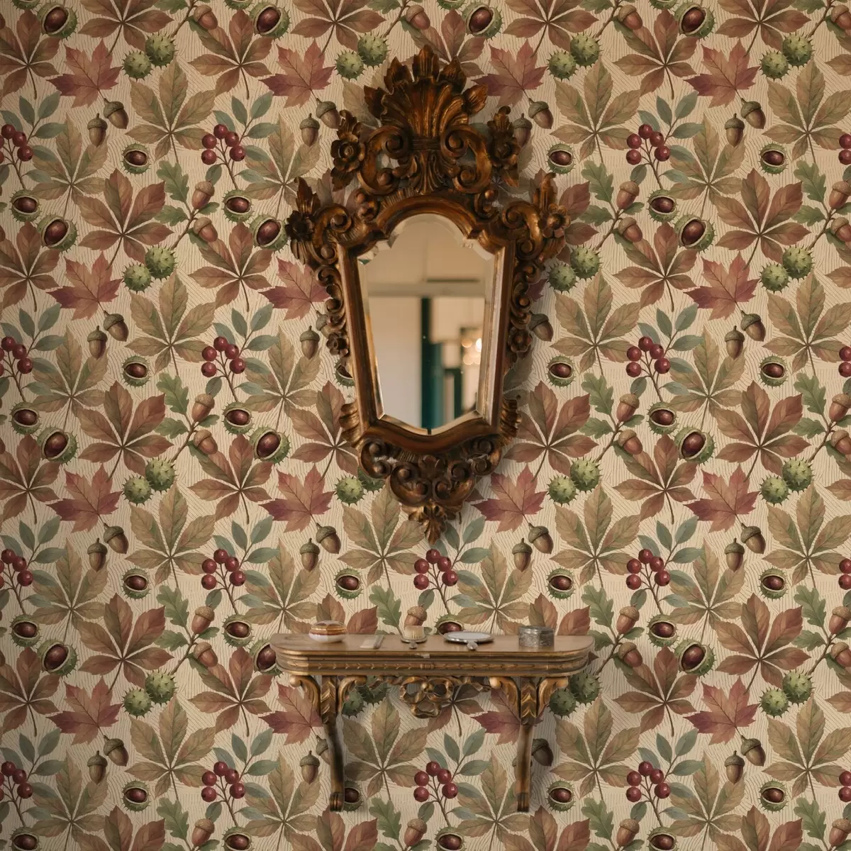 Bakgrund Höstlöv, ekollon och bär på beige bakgrund a00754