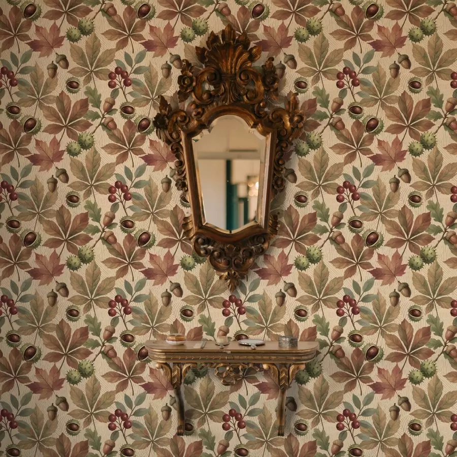 Fototapet Höstlöv, ekollon och bär på beige bakgrund a00754