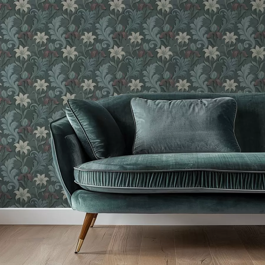 Fototapet Mörkgrön bakgrund med irisar och dekorativa blad a00755