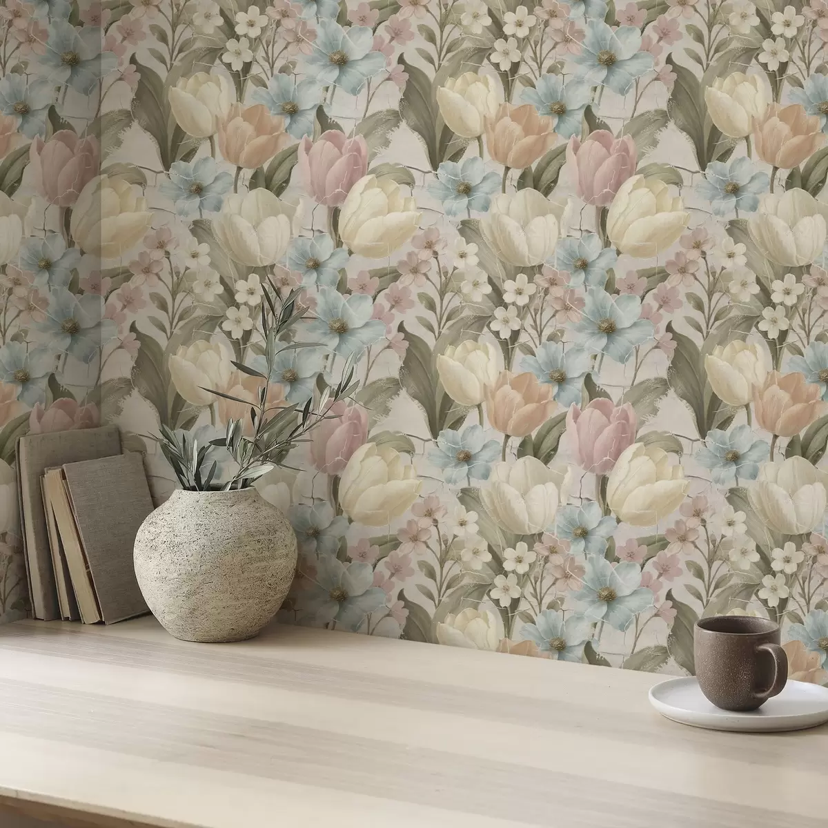 Bakgrund Pastellfärgade tulpaner och blommor på ljus sprucken bakgrund a00756