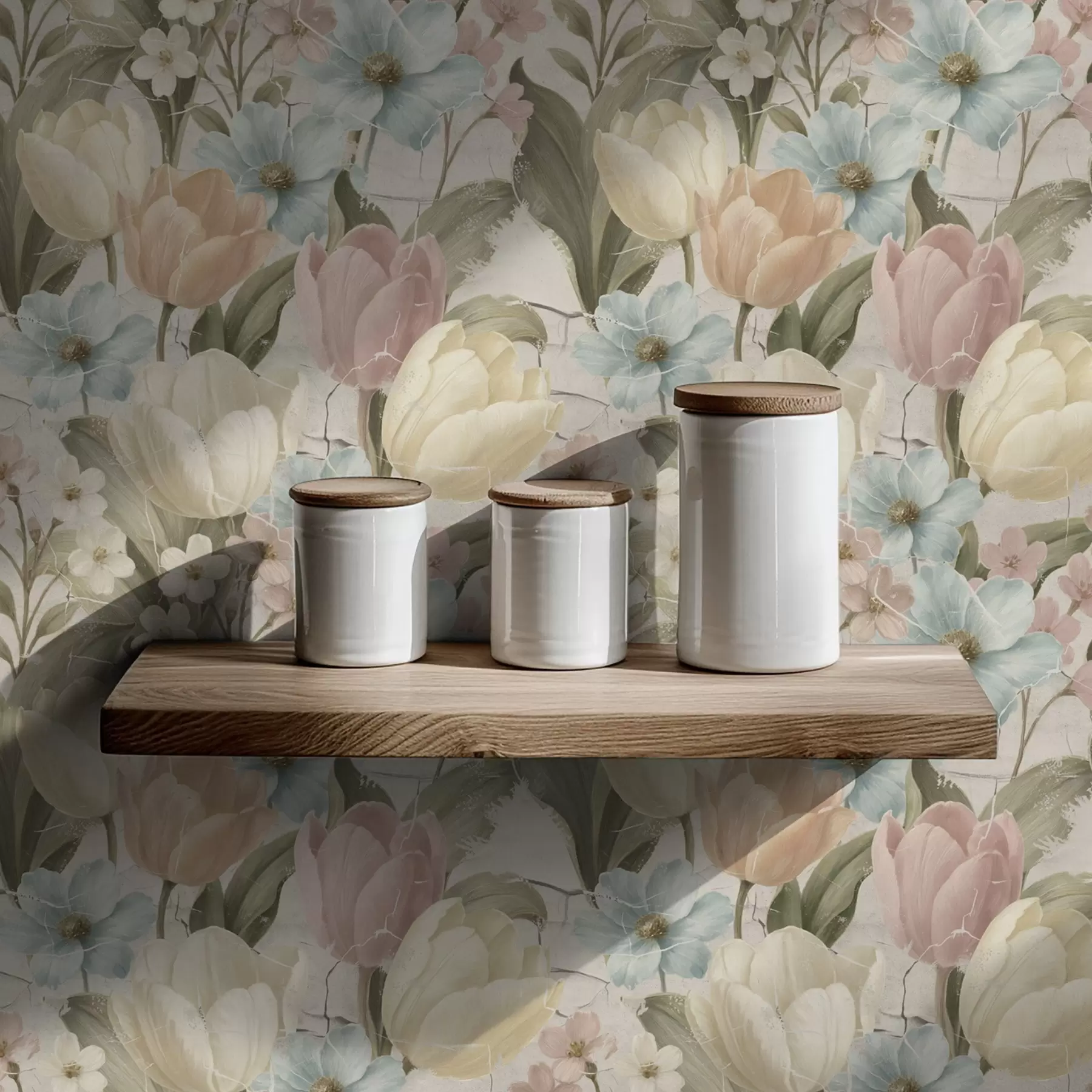 Fototapet Pastellfärgade tulpaner och blommor på ljus sprucken bakgrund a00756