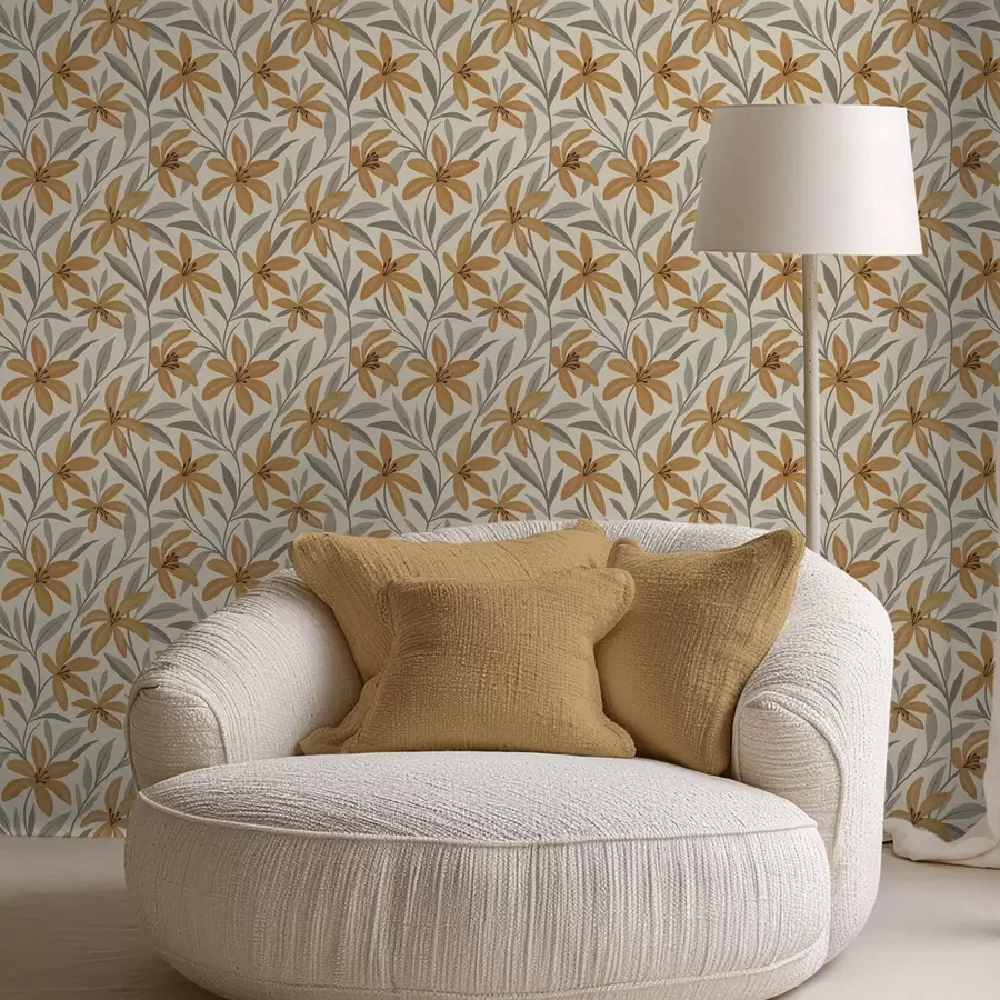 Fototapet Gula liljor och grågröna blad på ljus bakgrund a00757