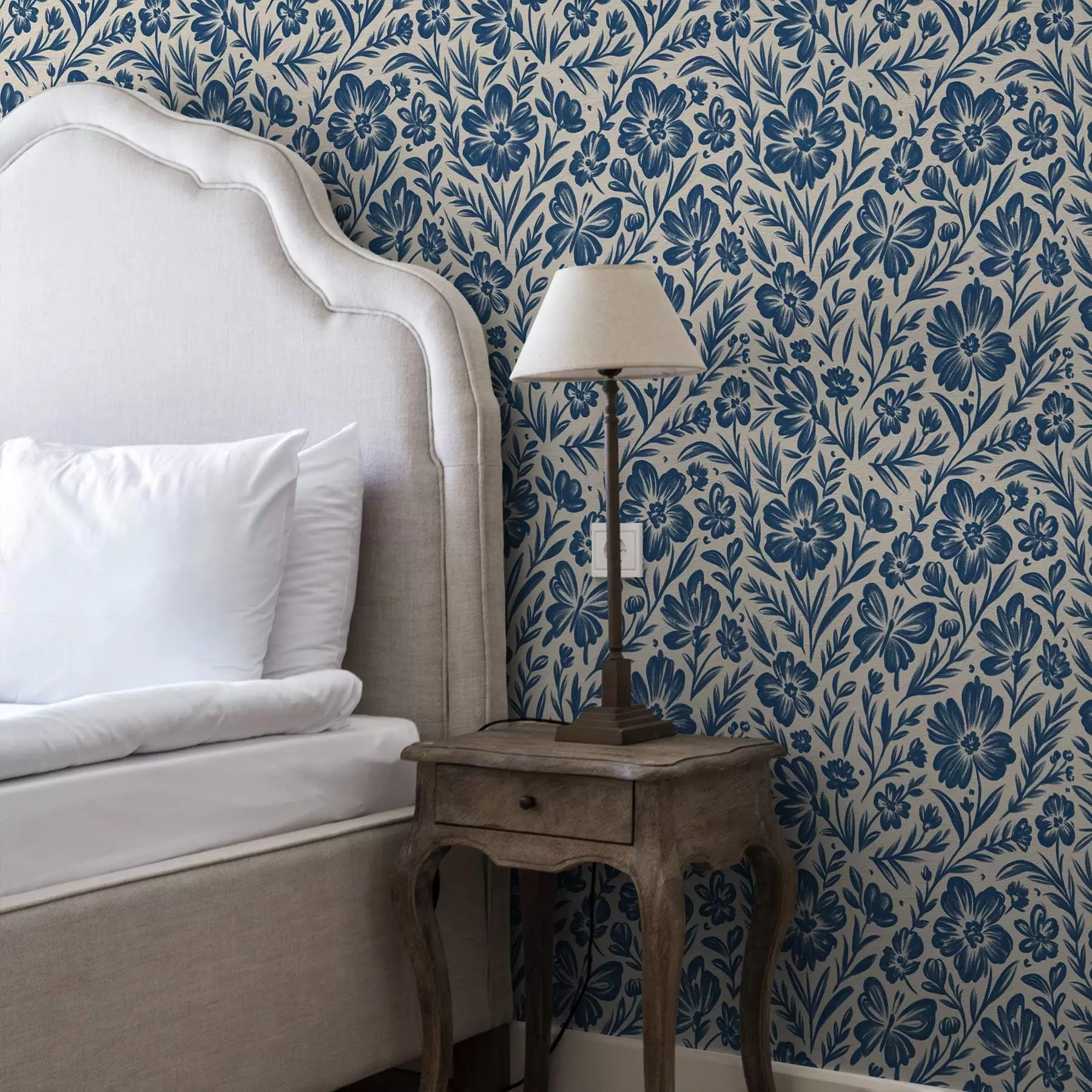 Fototapet Blått blommönster med fjärilar a00758