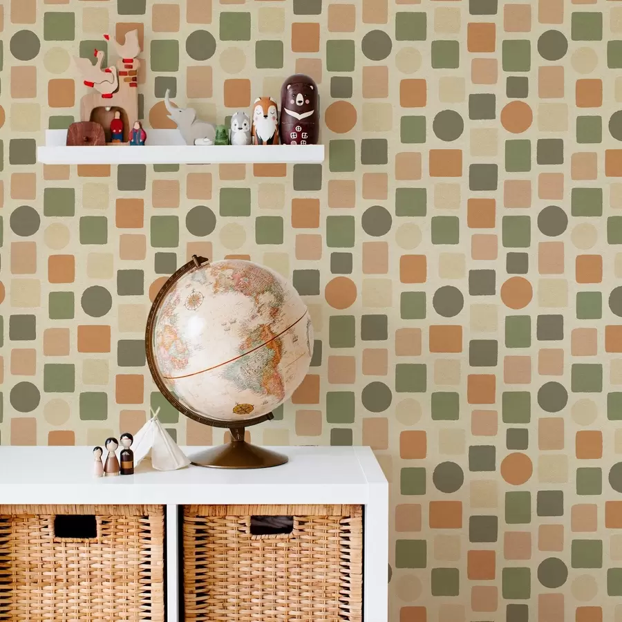 Fototapet Geometriskt mönster av kvadrater och cirklar i varma toner a00759