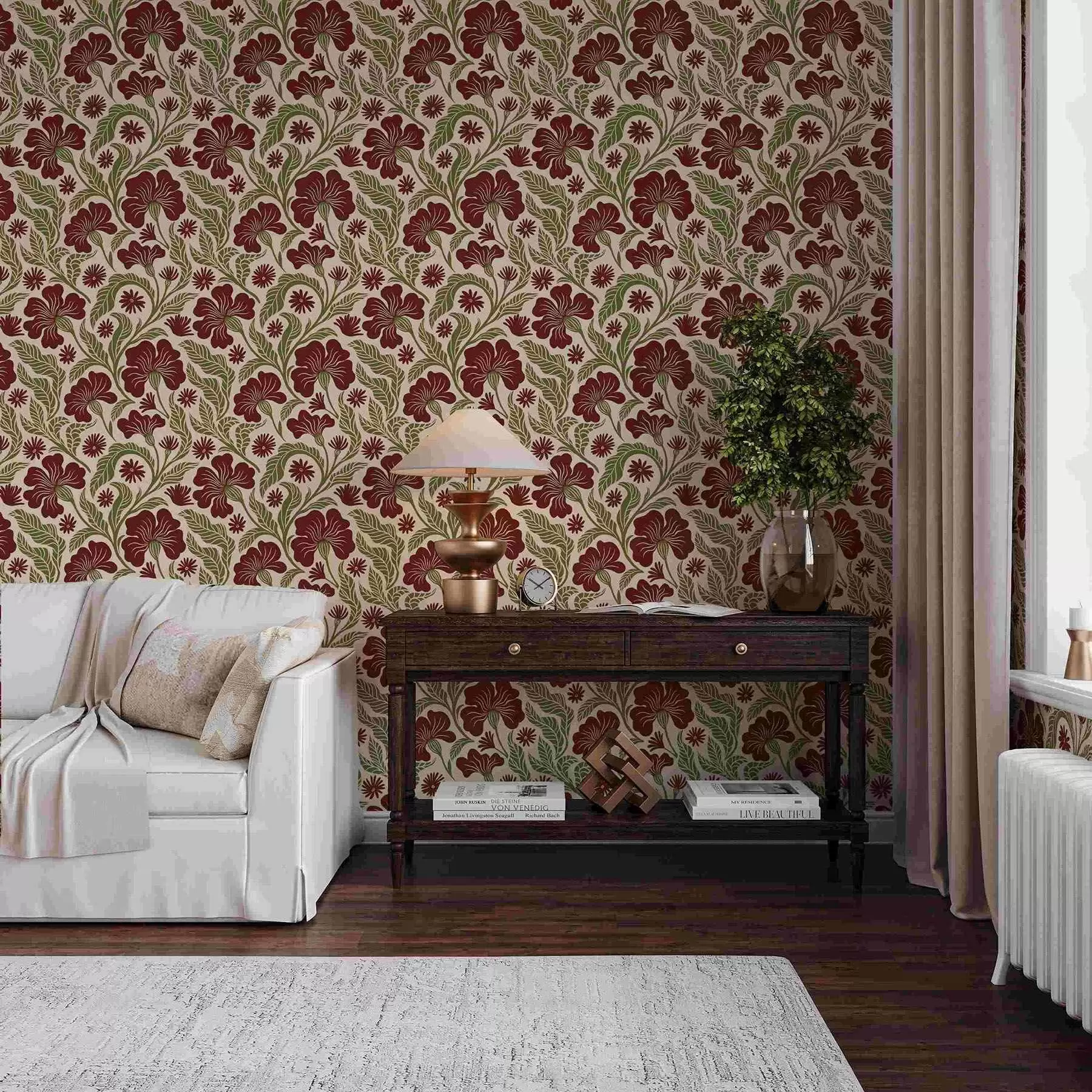 Fototapet Bourgognefärgade blommor med gröna blad på ljus bakgrund a00761