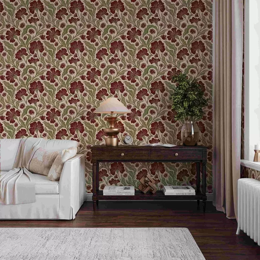 Fototapet Bourgognefärgade blommor med gröna blad på ljus bakgrund a00761