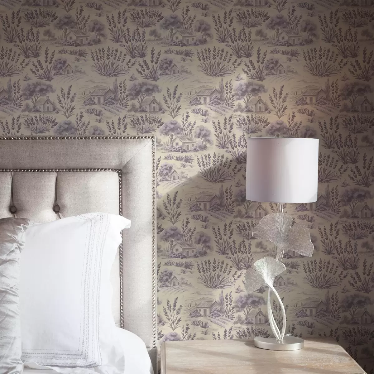 Bakgrund Lavendelfält och hus i pastellfärger a00765