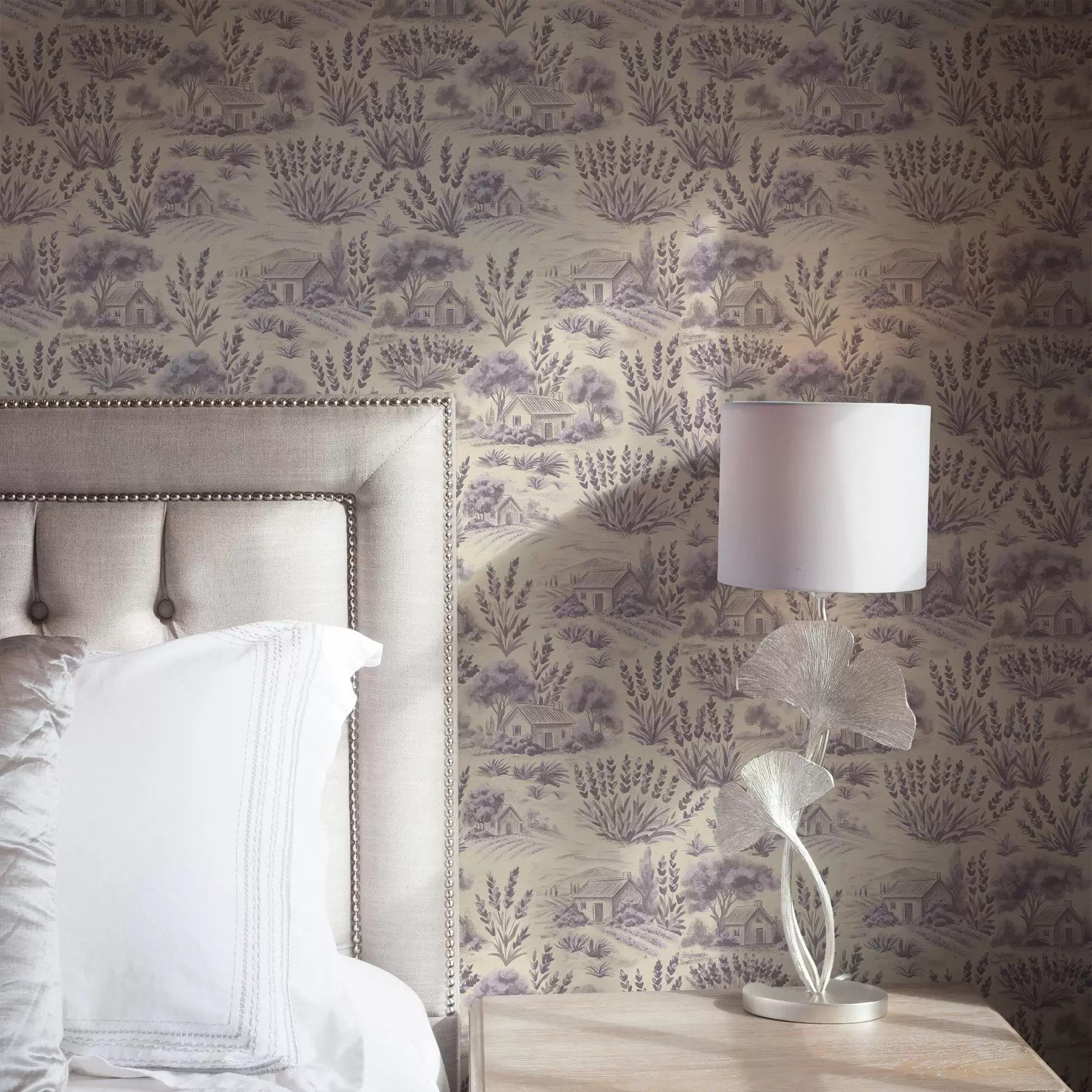 Fototapet Lavendelfält och hus i pastellfärger a00765