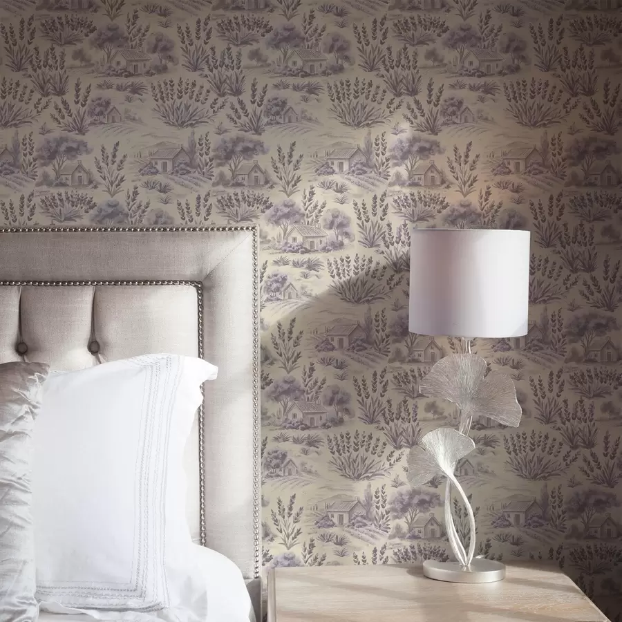 Fototapet Lavendelfält och hus i pastellfärger a00765