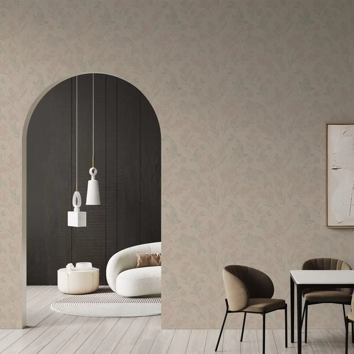 Bakgrund Karpar bland blommor i mjuka beige-rosa nyanser a00766