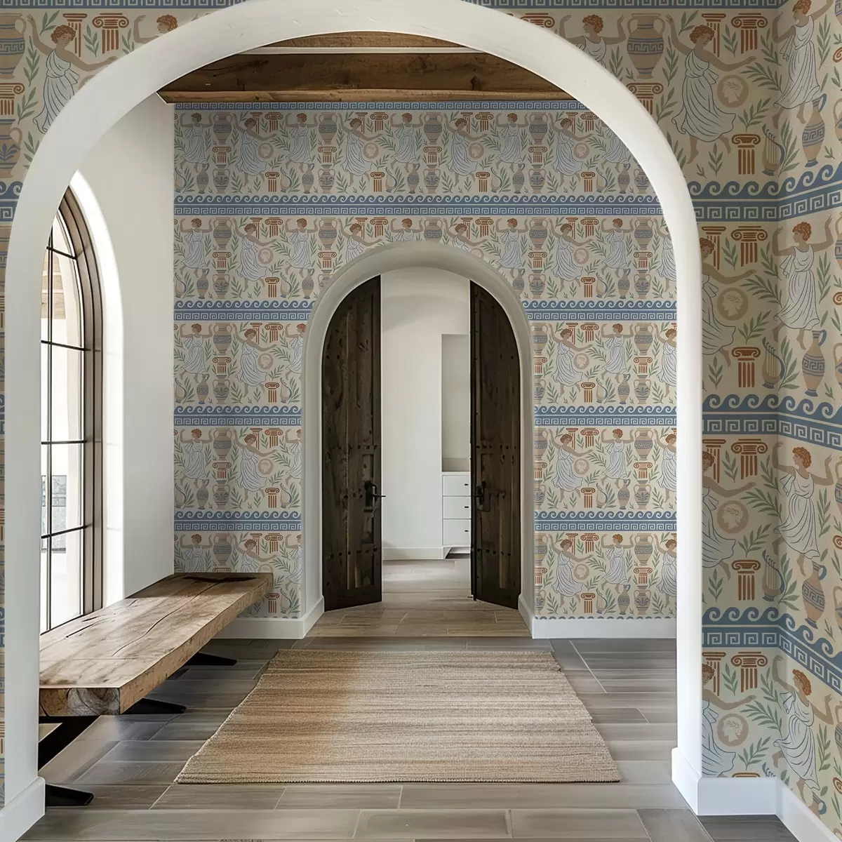 Bakgrund Antik grekisk ornament med figurer, vaser och kolonner a00768