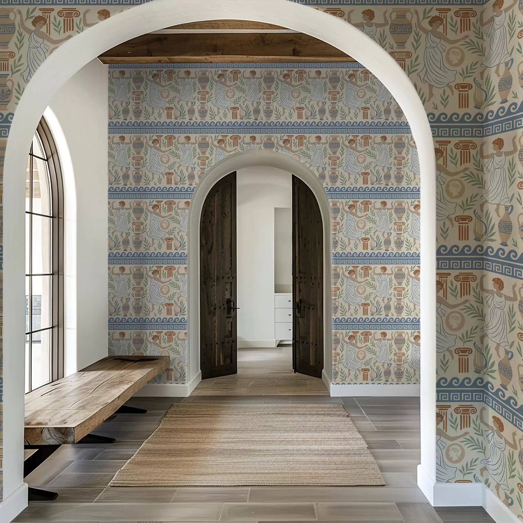 Fototapet Antik grekisk ornament med figurer, vaser och kolonner a00768