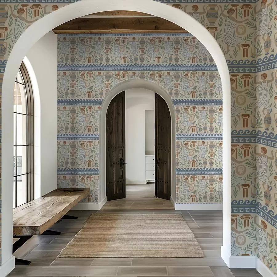 Fototapet Antik grekisk ornament med figurer, vaser och kolonner a00768