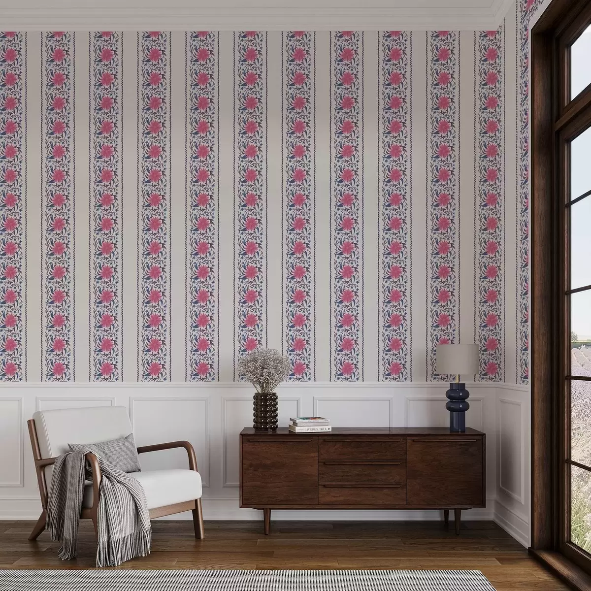 Bakgrund Vertikala blommiga ränder i rosa-lila toner a00810