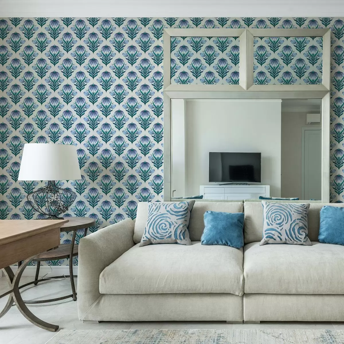 Bakgrund Symmetrisk blommig ornament i blåvita nyanser a00812v2