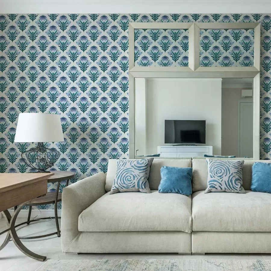 Fototapet Symmetrisk blommig ornament i blåvita nyanser a00812v2