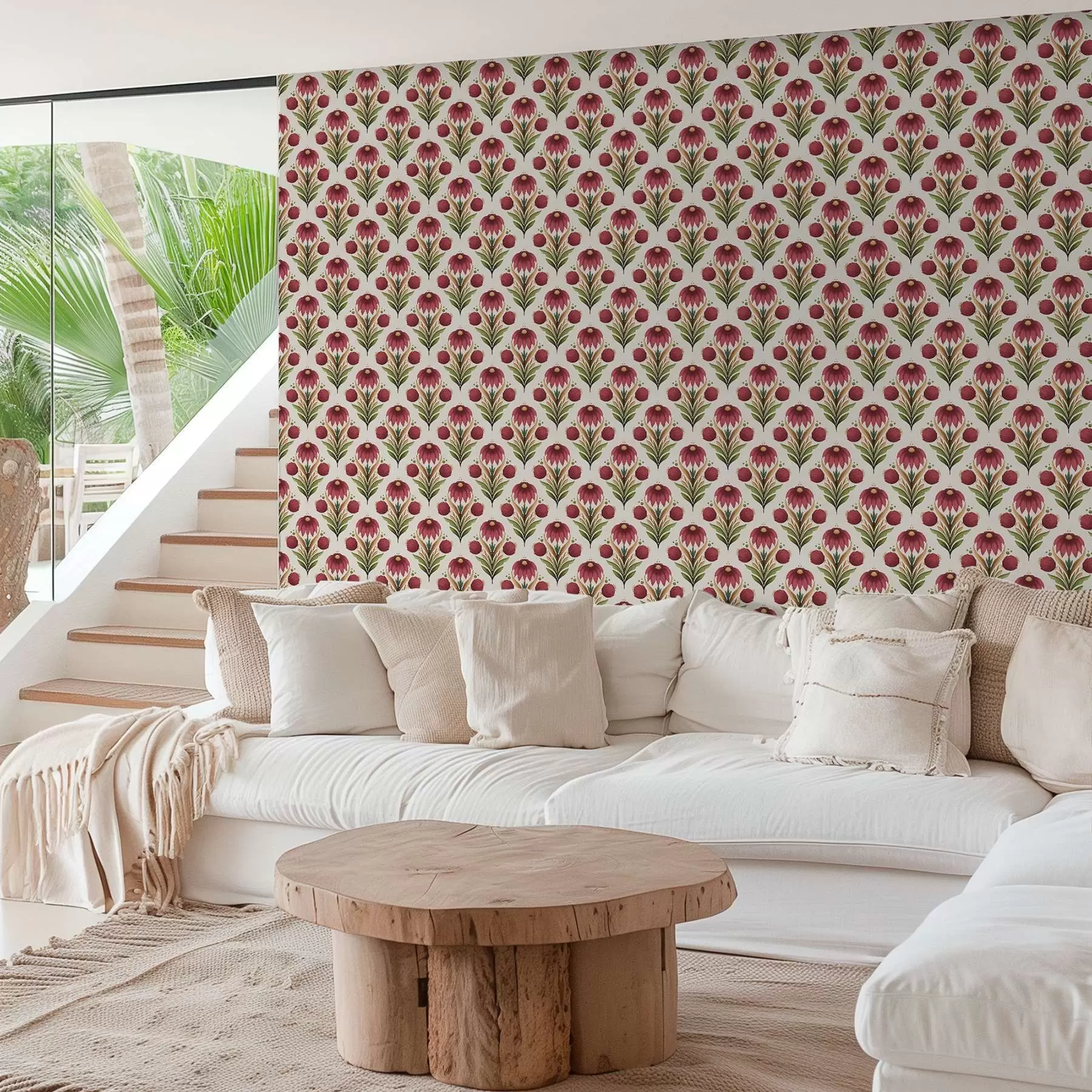 Fototapet Symmetriskt blommönster i rika rödgröna toner a00812v4