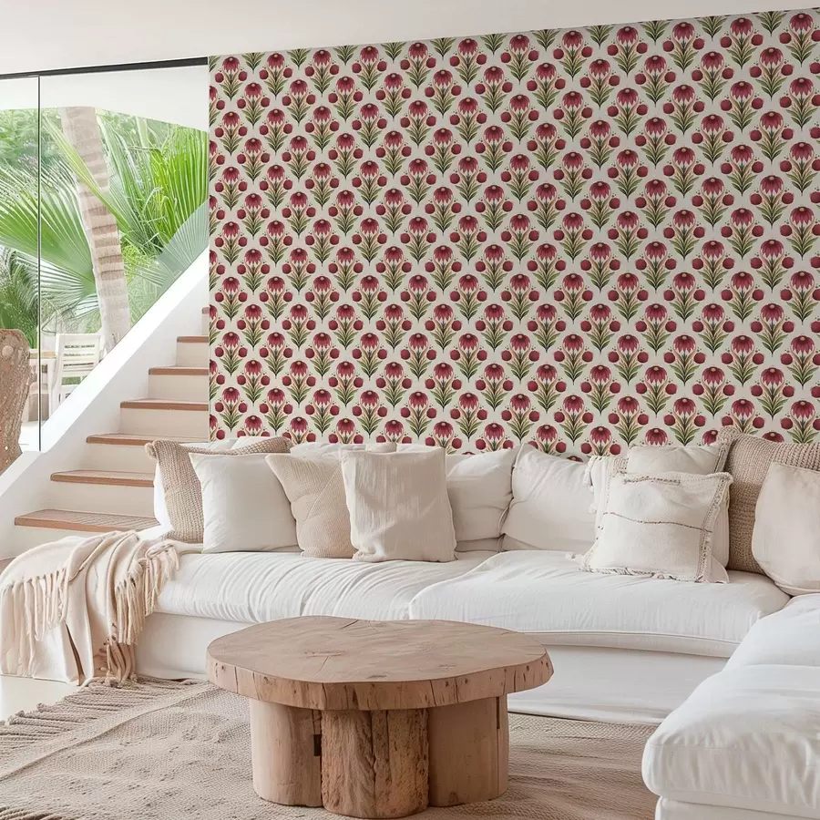 Fototapet Symmetriskt blommönster i rika rödgröna toner a00812v4