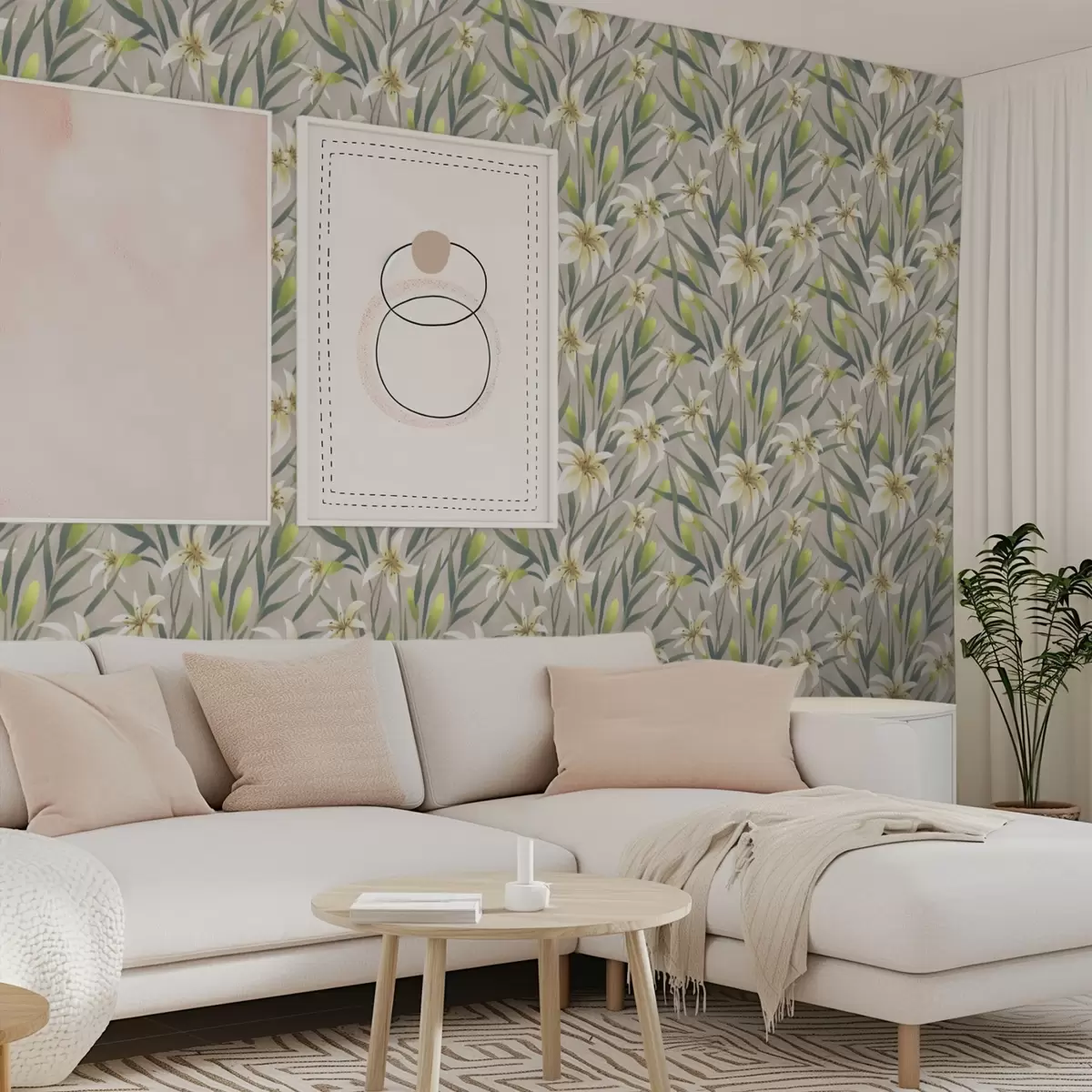 Bakgrund Krämfärgade liljor med blad på gråbeige bakgrund a00837