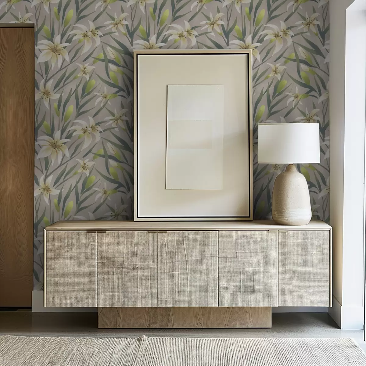 Bakgrund Krämfärgade liljor med blad på gråbeige bakgrund a00837