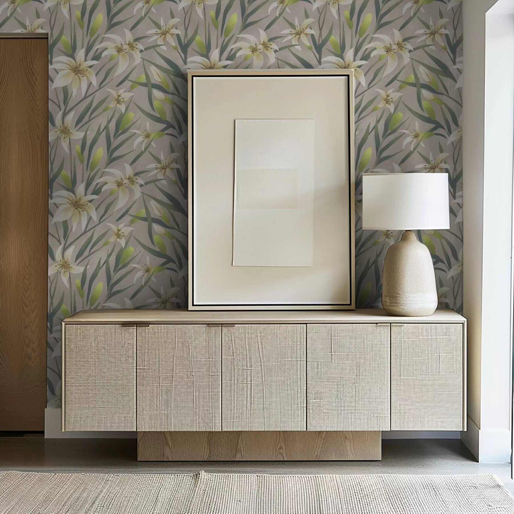 Fototapet Krämfärgade liljor med blad på gråbeige bakgrund a00837