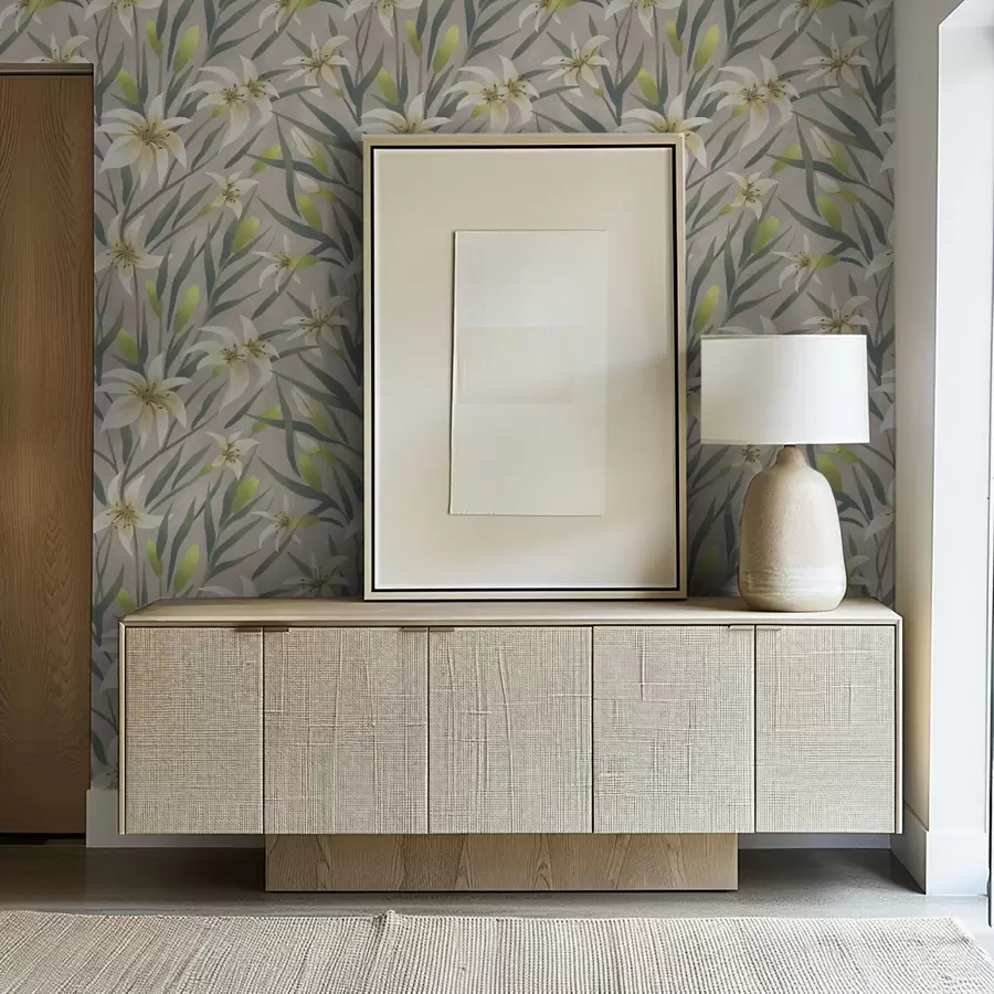 Fototapet Krämfärgade liljor med blad på gråbeige bakgrund a00837