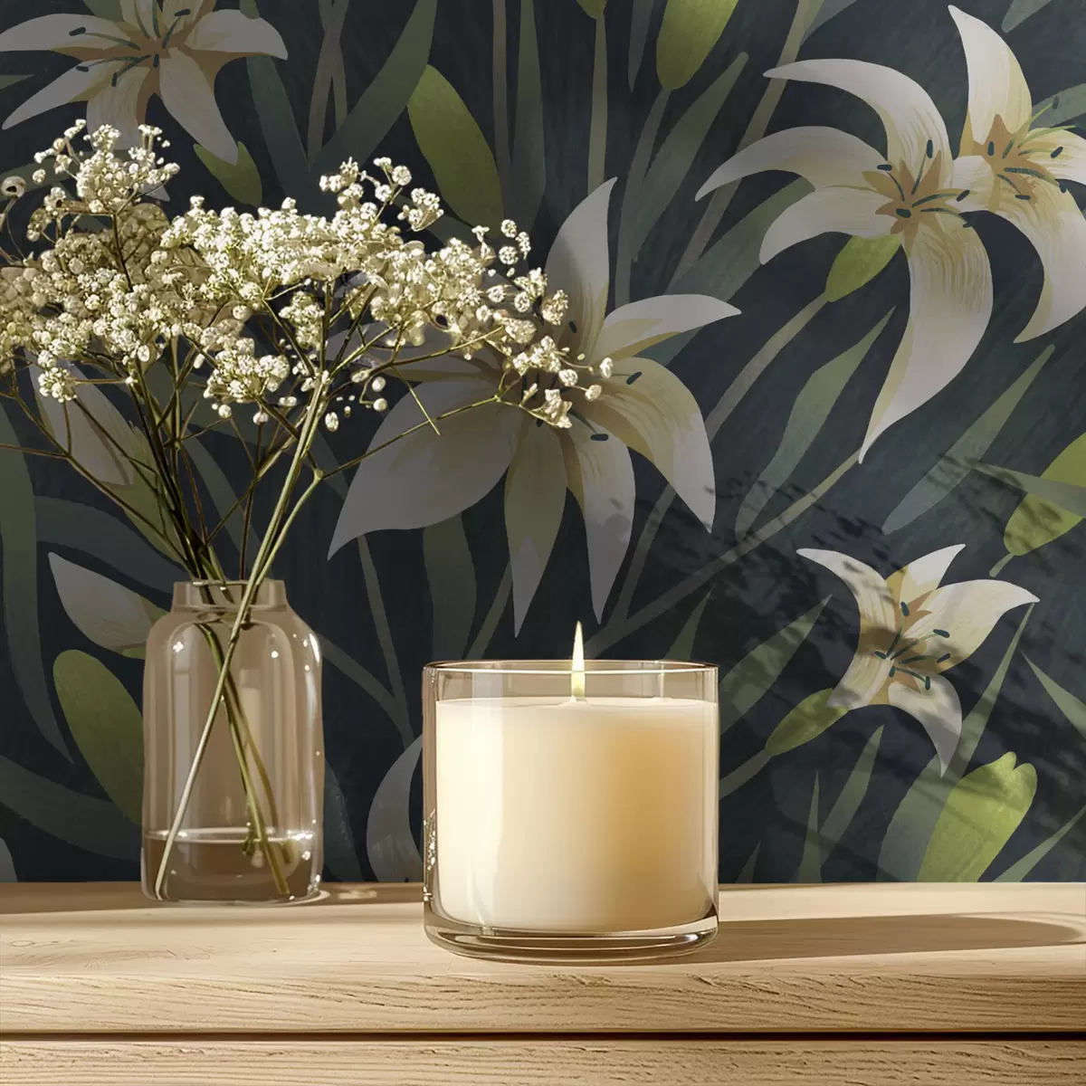 Bakgrund Krämfärgade liljor med blad på mörk bakgrund a00837v1