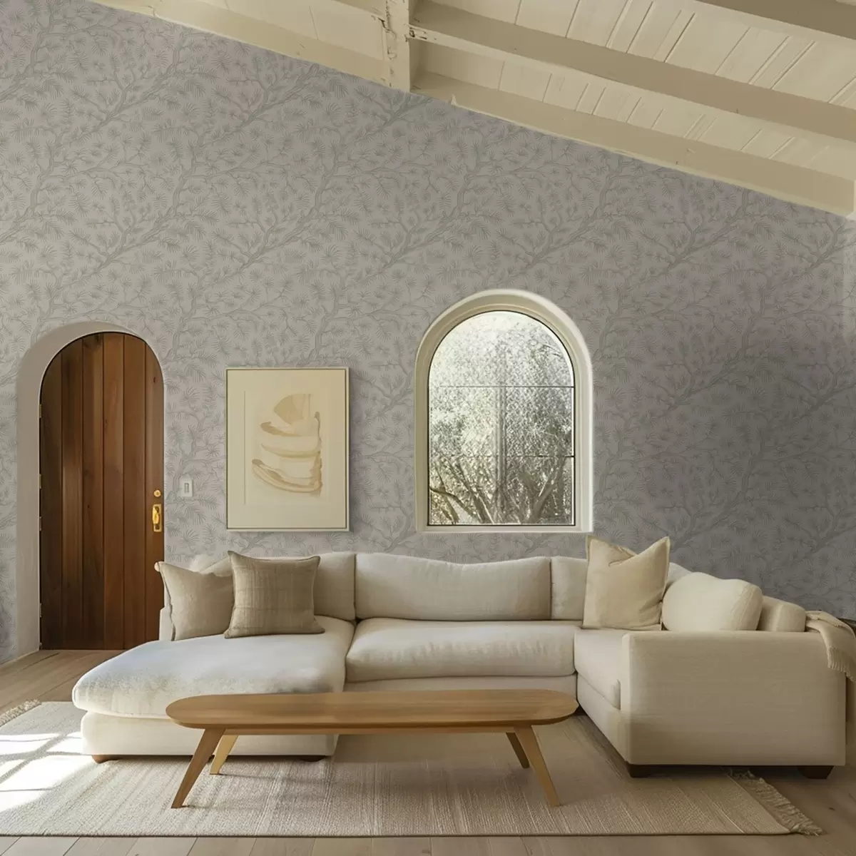 Bakgrund Tallgrenar i ljusgröna toner på beige bakgrund a00838v1