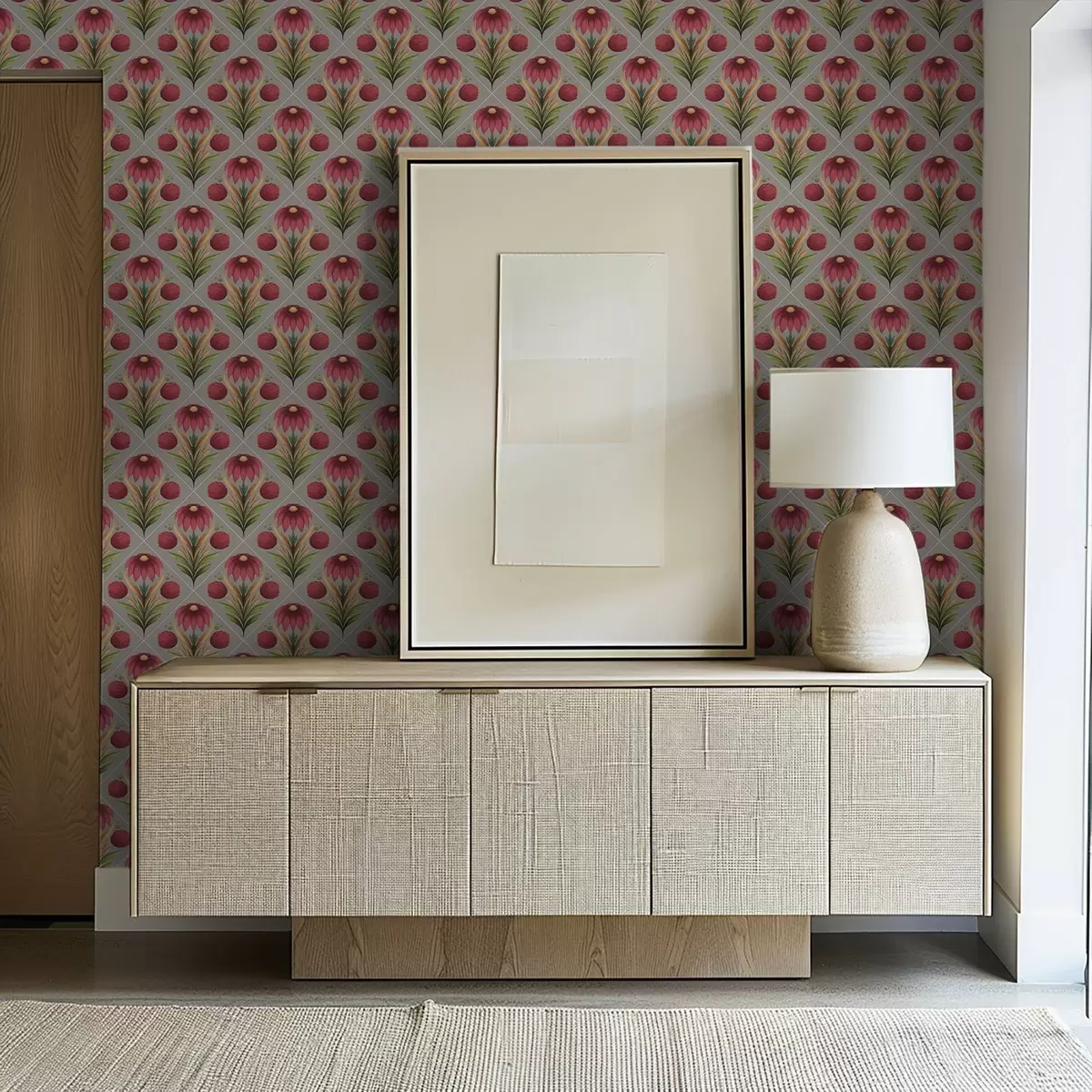 Bakgrund Symmetriskt blommönster på grå bakgrund med diagonaler a00869