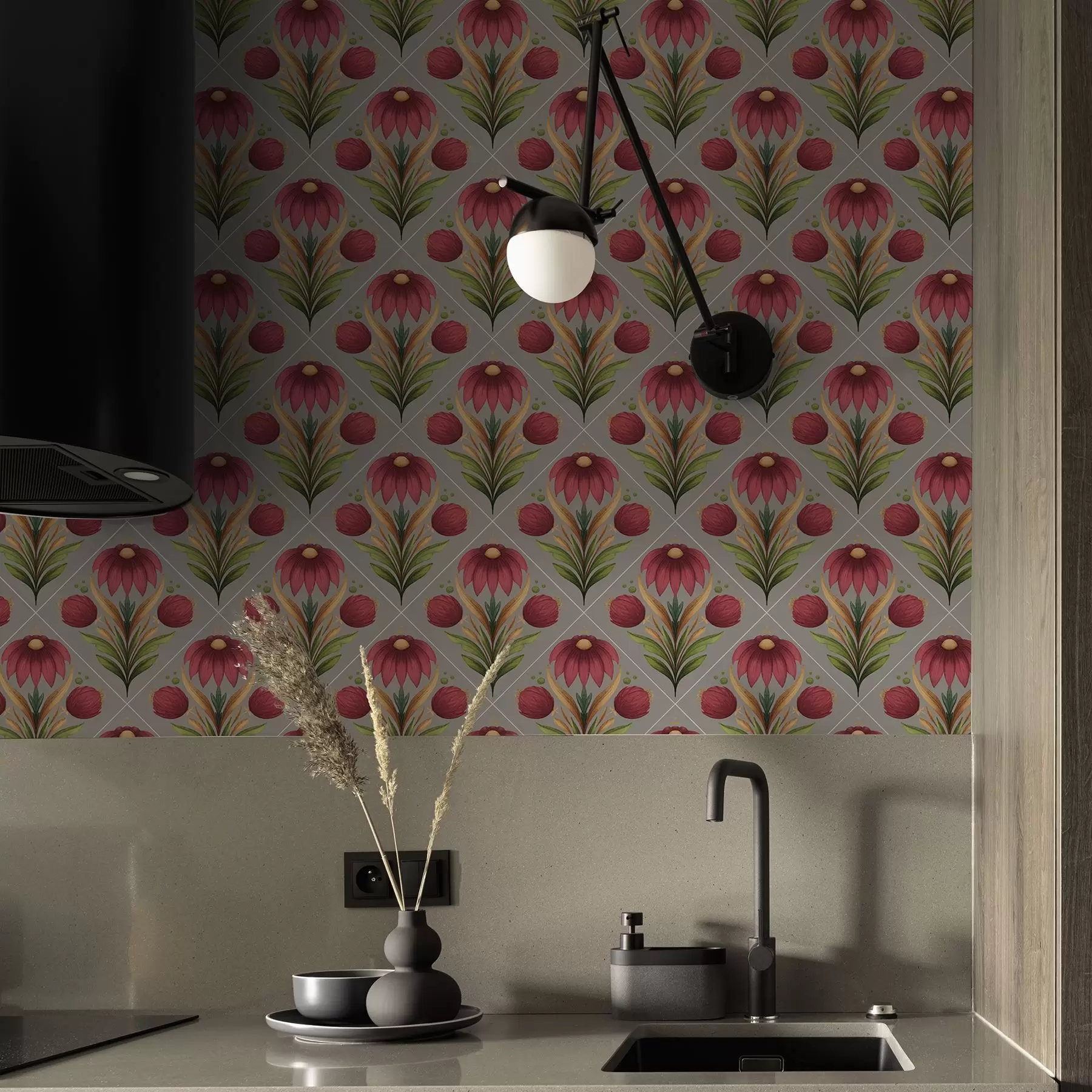 Fototapet Symmetriskt blommönster på grå bakgrund med diagonaler a00869