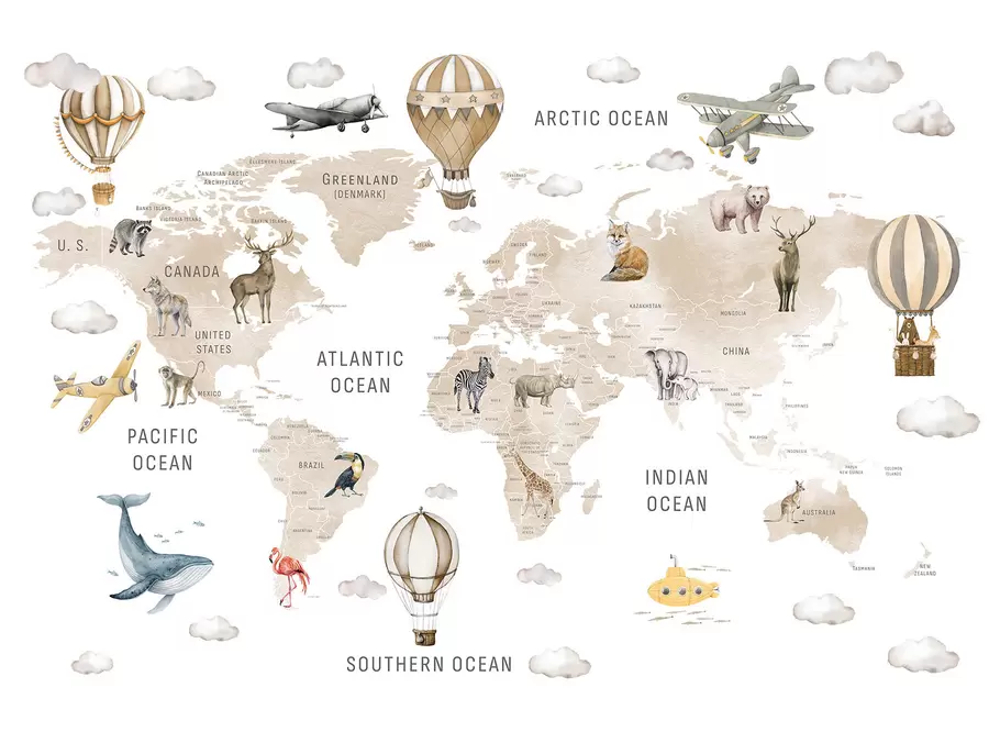 Fototapet Barnkarta i akvarellstil med djur och varmluftsballonger. Engelska språket. Beige färg. c00001env2
