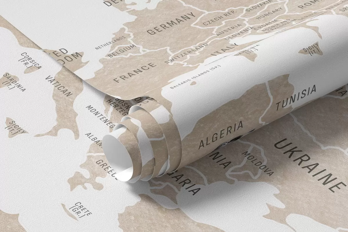 Fototapet Barnkarta i akvarellstil med djur och varmluftsballonger. Engelska språket. Beige färg. c00001env2