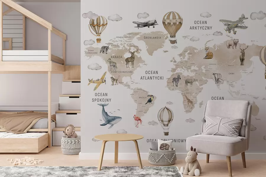 Fototapet Akvarellkarta för barn med djur och luftballonger. Polska språket. Beige färg. c00001plv2