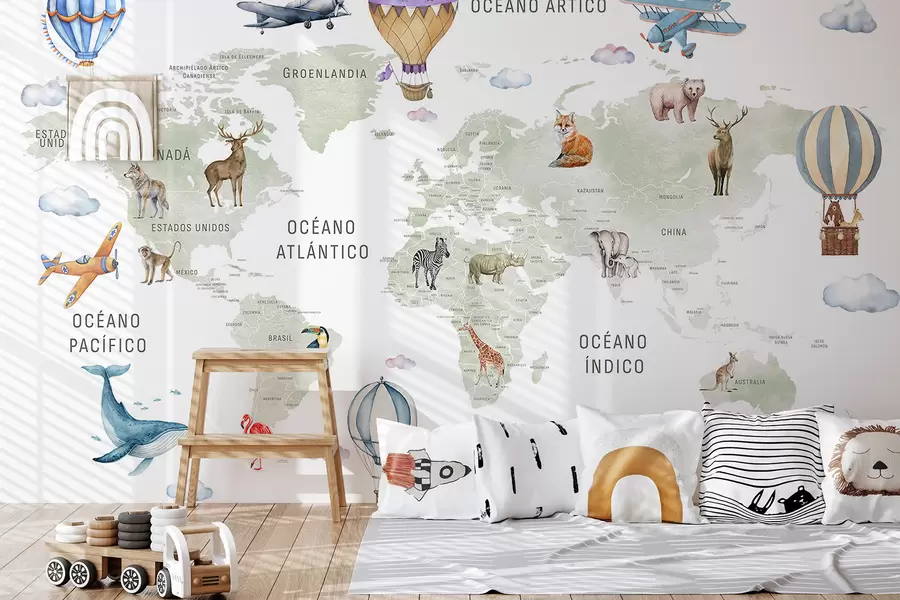 Fototapet Barnkarta i akvarellstil med djur och luftballonger. Spanska språket. Grön färg. c00001es