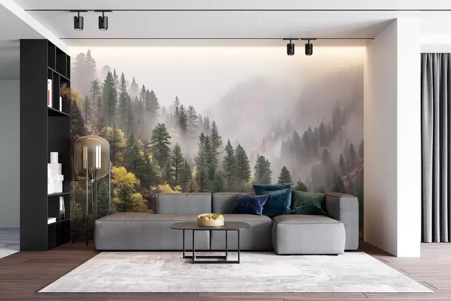 Fototapet Atmosfärisk dimma i tallskogen i bergen w09463
